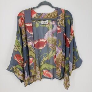 One Hundred Stars Peacock & Poppies Short Kimono Floral Sheer Lightweight Womens